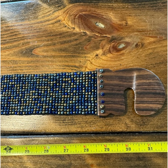 Vintage Beaded Statement Blue/Gold Stretchy Belt with Teak Wooded Buckle - Picture 8 of 8